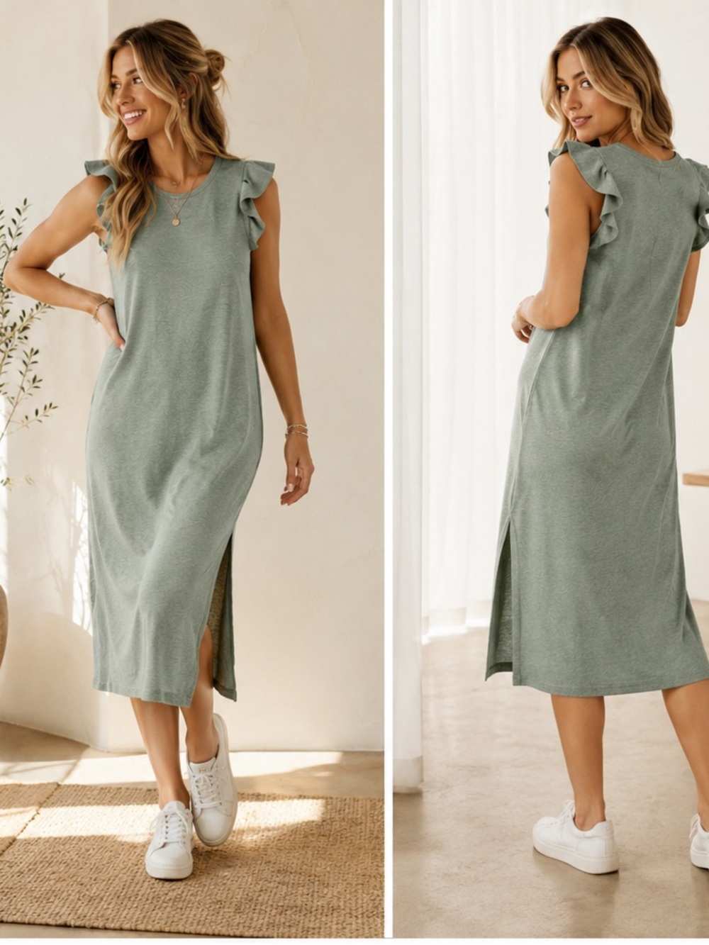 Sundry Sage Green Ruffle-Shoulder Midi Dress